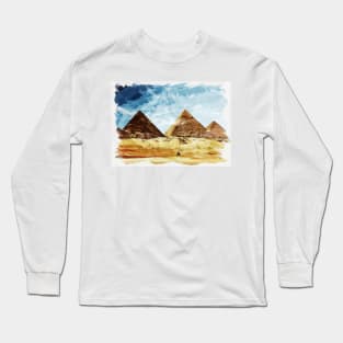 Egypt Giza Pyramids Historic Watercolour Souvenir Fine Art Painting Long Sleeve T-Shirt